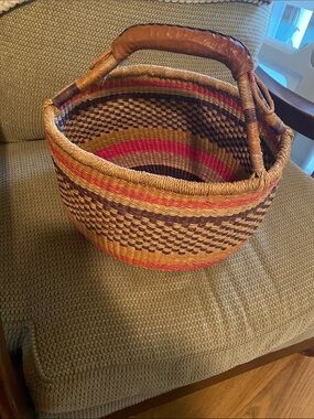 GHANA Handwoven Round Market Basket with Leather-Wrapped Handle
